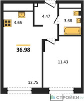 Планировка однокомнатной(квартира) площадью 36.98 квадратных метров в “ЖК Новоград Павлино”