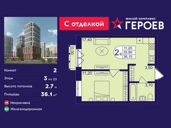 Планировка двухкомнатной(квартира) площадью 36.1 квадратных метров в ЖК “ЖК Героев”