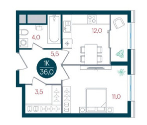 Планировка однокомнатной(квартира) площадью 36 квадратных метров в ЖК “ЖК РУСИЧ-Кантемировский”