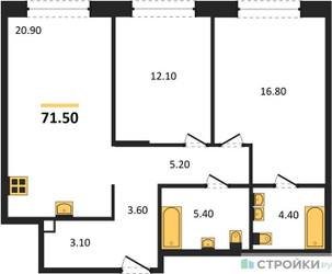 Планировка двухкомнатной(квартира) площадью 71.5 квадратных метров в ЖК “ЖК Mariinn Park (Мариин Парк)”