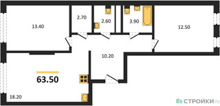 Планировка двухкомнатной(квартира) площадью 63.5 квадратных метров в “ЖК Переделкино Ближнее”