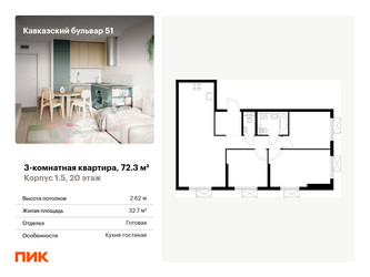 Планировка трехкомнатной(квартира) площадью 72.3 квадратных метров в ЖК “ЖК Кавказский бульвар 51”