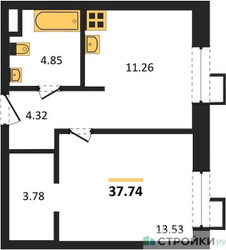Планировка однокомнатной(апартаменты) площадью 37.74 квадратных метров в ЖК “ЖК N’ICE LOFT (Найс Лофт)”