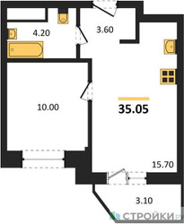 Планировка однокомнатной(квартира) площадью 35.05 квадратных метров в ЖК “ЖК ВОСТОК II”