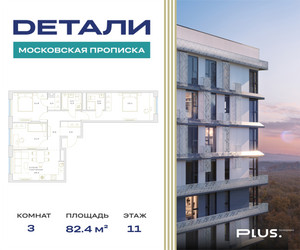 Планировка трехкомнатной(квартира) площадью 82.4 квадратных метров в ЖК “ЖК Детали”