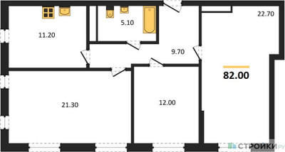 Планировка трехкомнатной(квартира) площадью 82 квадратных метров в ЖК “ЖК Южная Долина”