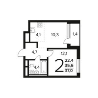 Планировка двухкомнатной(квартира) площадью 37 квадратных метров в “Новые Ватутинки. Заречный”