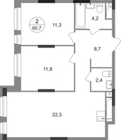 Планировка двухкомнатной(квартира) площадью 60.7 квадратных метров в “ЖК Первый Московский”