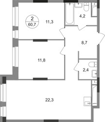 Планировка двухкомнатной(квартира) площадью 60.7 квадратных метров в ЖК “ЖК Первый Московский”