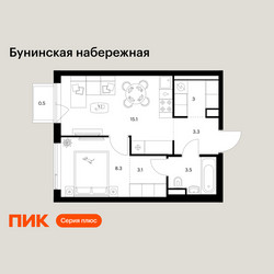 Планировка однокомнатной(квартира) площадью 36.8 квадратных метров в ЖК “Бунинская набережная”