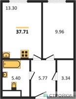 Планировка однокомнатной(апартаменты) площадью 37.71 квадратных метров в “ЖК Пятницкое 58 (Перец)”