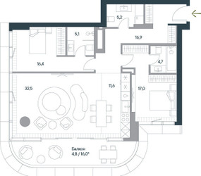 Планировка трехкомнатной(квартира) площадью 114.2 квадратных метров в ЖК “ЖК Springs (Спрингс)”