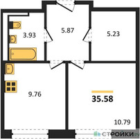 Планировка однокомнатной(квартира) площадью 35.58 квадратных метров в “ЖК Рублевский Квартал”