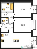 Планировка двухкомнатной(квартира) площадью 58.3 квадратных метров в “ЖК Равновесие”