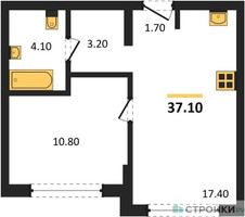 Планировка однокомнатной(квартира) площадью 37.1 квадратных метров в “ЖК Первый квартал”