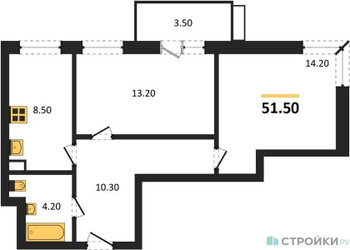 Планировка двухкомнатной(квартира) площадью 51.5 квадратных метров в ЖК “Павлово 3”