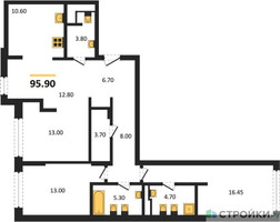 Планировка трехкомнатной(квартира) площадью 95.9 квадратных метров в “ЖК Маршал”