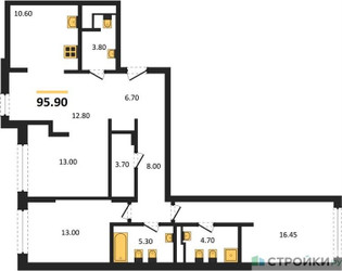 Планировка трехкомнатной(квартира) площадью 95.9 квадратных метров в ЖК “ЖК Маршал”