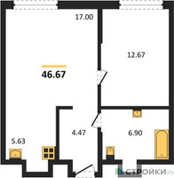 Планировка однокомнатной(квартира) площадью 46.67 квадратных метров в “ЖК EvoPark Сокольники”