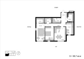 Планировка трехкомнатной(квартира) площадью 98.7 квадратных метров в “ЖК Мытищи Сити”