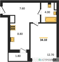 Планировка однокомнатной(квартира) площадью 34.1 квадратных метров в “ЖК Родные кварталы”