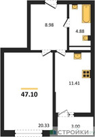 Планировка однокомнатной(квартира) площадью 47.1 квадратных метров в “ЖК Riga Hills (Рига Хиллс)”