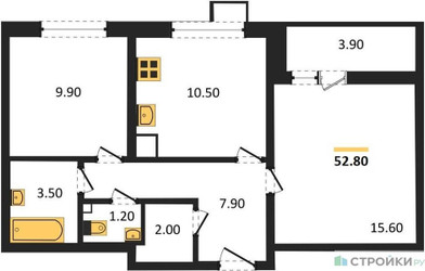 Планировка двухкомнатной(квартира) площадью 52.8 квадратных метров в ЖК “ЖК 1-й Ленинградский (Первый Ленинградский)”