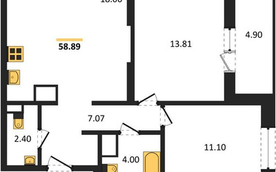 Планировка двухкомнатной(квартира) площадью 58.89 квадратных метров в ЖК “ЖК Светлый мир Станция Л”