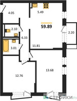 Планировка двухкомнатной(квартира) площадью 59.89 квадратных метров в “ЖК Квартал Авиаторов”