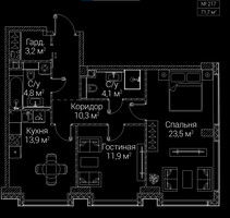 Планировка двухкомнатной(квартира) площадью 71.7 квадратных метров в “ЖК СЕЗАР БУДУЩЕЕ”