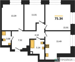 Планировка трехкомнатной(квартира) площадью 75.34 квадратных метров в “ЖК Sezar City (Сезар Сити)”