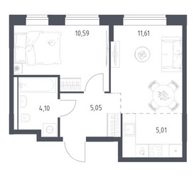 Планировка однокомнатной(квартира) площадью 36.36 квадратных метров в ЖК “ЖК Квартал Домашний”