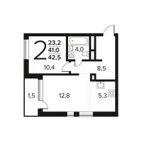 Планировка двухкомнатной(квартира) площадью 42.5 квадратных метров в “Новые Ватутинки. Заречный”