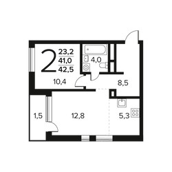 Планировка двухкомнатной(квартира) площадью 42.5 квадратных метров в ЖК “Новые Ватутинки. Заречный”
