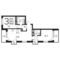 Планировка трехкомнатной(квартира) площадью 55.8 квадратных метров в “Новые Ватутинки. Заречный”