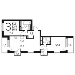 Планировка трехкомнатной(квартира) площадью 55.8 квадратных метров в ЖК “Новые Ватутинки. Заречный”