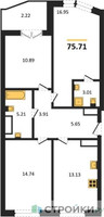 Планировка трехкомнатной(квартира) площадью 75.71 квадратных метров в “ЖК Sezar City (Сезар Сити)”