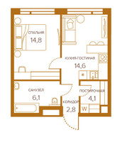 Планировка однокомнатной(квартира) площадью 42.8 квадратных метров в “ЖК Champine (Шампайн)”