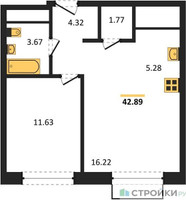 Планировка однокомнатной(квартира) площадью 42.89 квадратных метров в “ЖК Новоград Павлино”