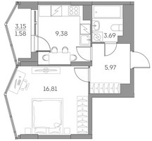 Планировка однокомнатной(квартира) площадью 37.4 квадратных метров в “ЖК Аквилон Beside 2.0”