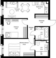 Планировка двухкомнатной(квартира) площадью 61.71 квадратных метров в “Дом премиум-класса МИРА”