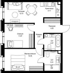 Планировка двухкомнатной(квартира) площадью 61.71 квадратных метров в ЖК “Дом премиум-класса МИРА”