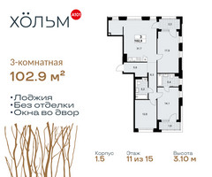 Планировка трехкомнатной(квартира) площадью 102.9 квадратных метров в “ЖК Хольм”