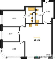 Планировка трехкомнатной(квартира) площадью 91.3 квадратных метров в “Архитектурный проект ЮТУ”