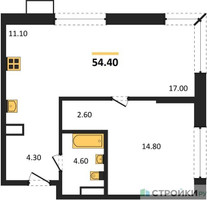 Планировка однокомнатной(квартира) площадью 54.4 квадратных метров в “ЖК Дзен-кварталы”