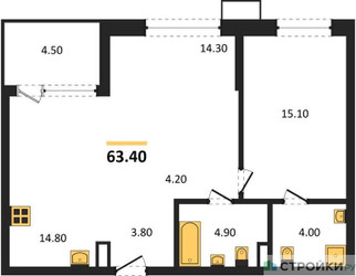 Планировка однокомнатной(квартира) площадью 63.4 квадратных метров в ЖК “ЖК Дзен-кварталы”