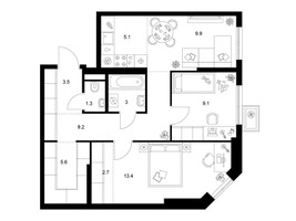 Планировка двухкомнатной(квартира) площадью 62.8 квадратных метров в “ЖК Кавказский бульвар 51”