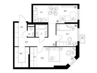Планировка двухкомнатной(квартира) площадью 62.8 квадратных метров в ЖК “ЖК Кавказский бульвар 51”