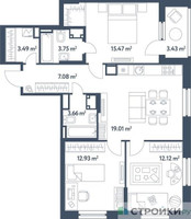 Планировка трехкомнатной(квартира) площадью 79.23 квадратных метров в “ЖК Светлый мир Станция Л”