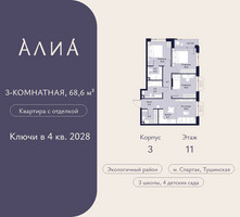 Планировка трехкомнатной(квартира) площадью 68.6 квадратных метров в “ЖК АЛИА”